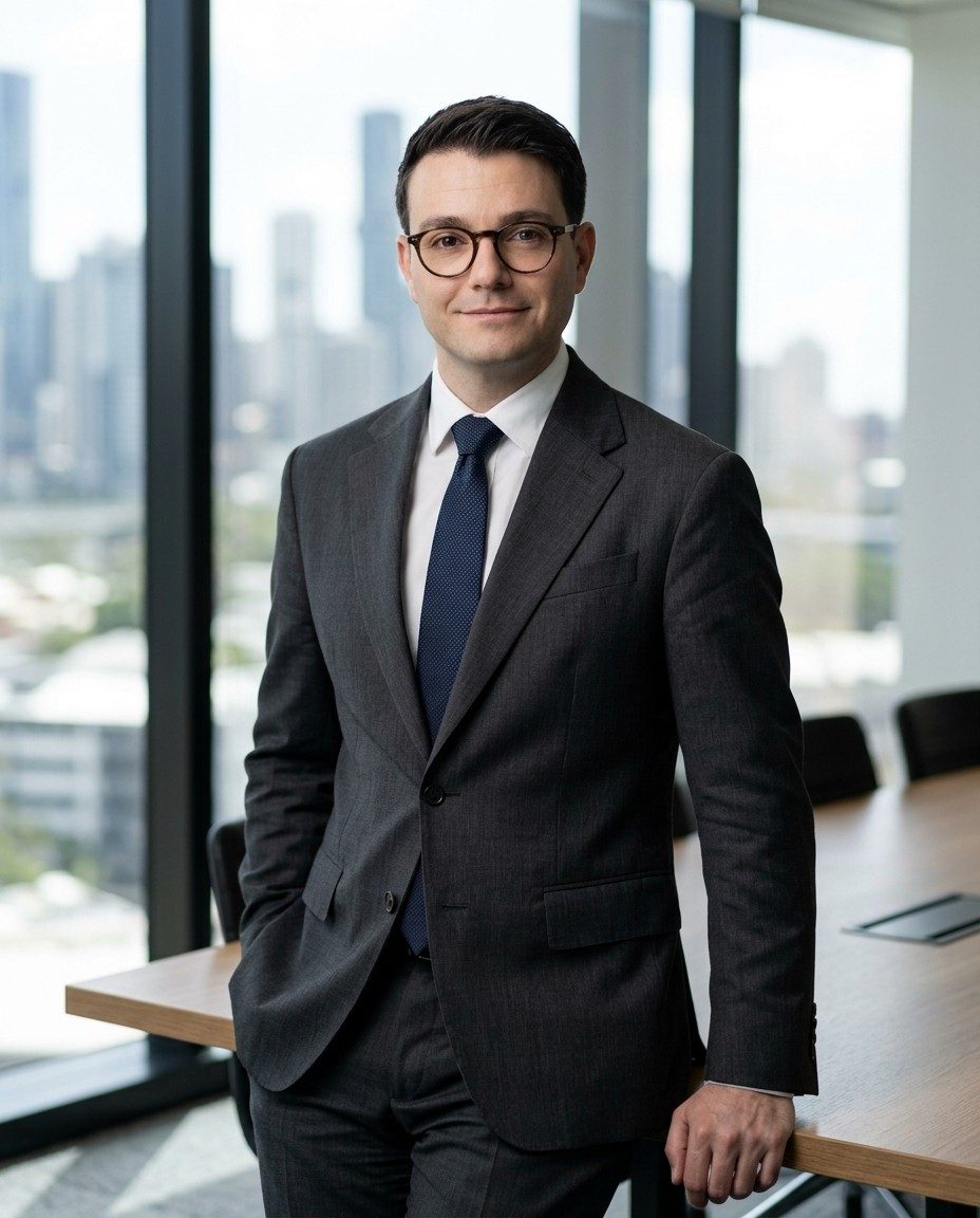 Evren Kurt resting his hand on a boardroom table, with the Brisbane skyline behind